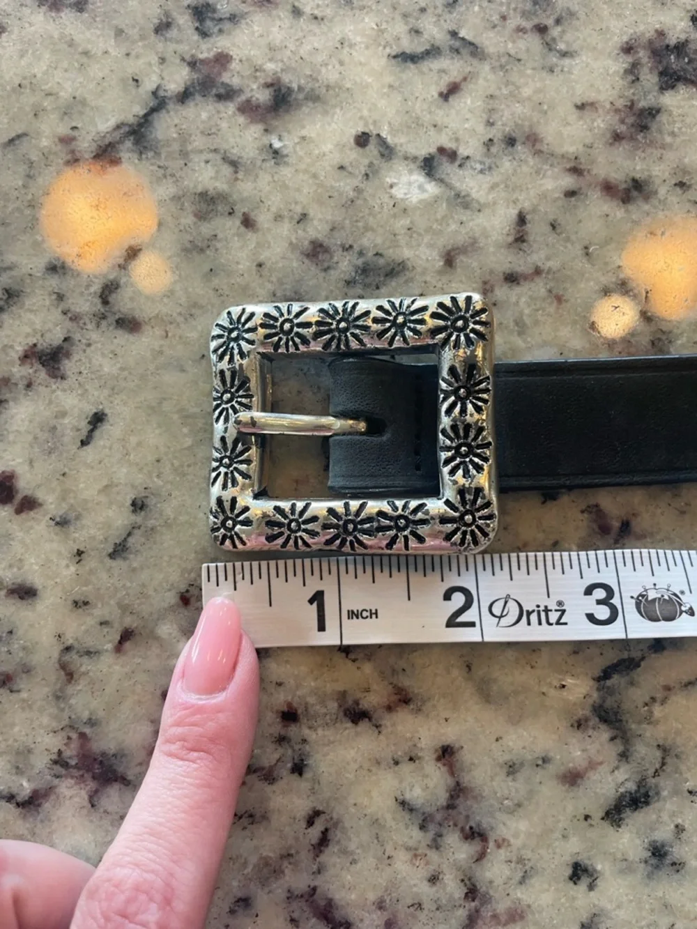 Express Black Leather Belt with Floral Silver Buckle